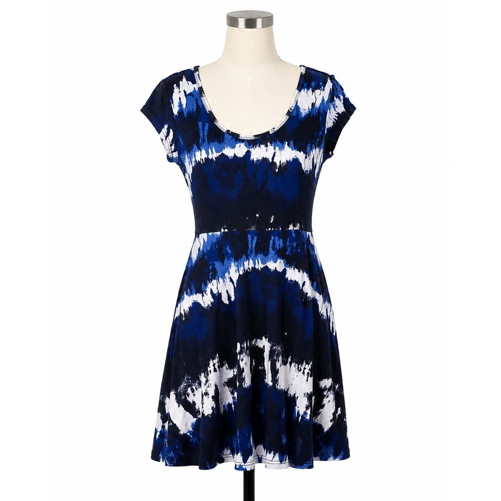 Bobbie Brooks Blue Black White Tie Dye Skater Dress Women's Medium Open Back...